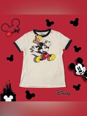 Disney White Tee with Black Trim and Colorful Retro Mickey Graphic